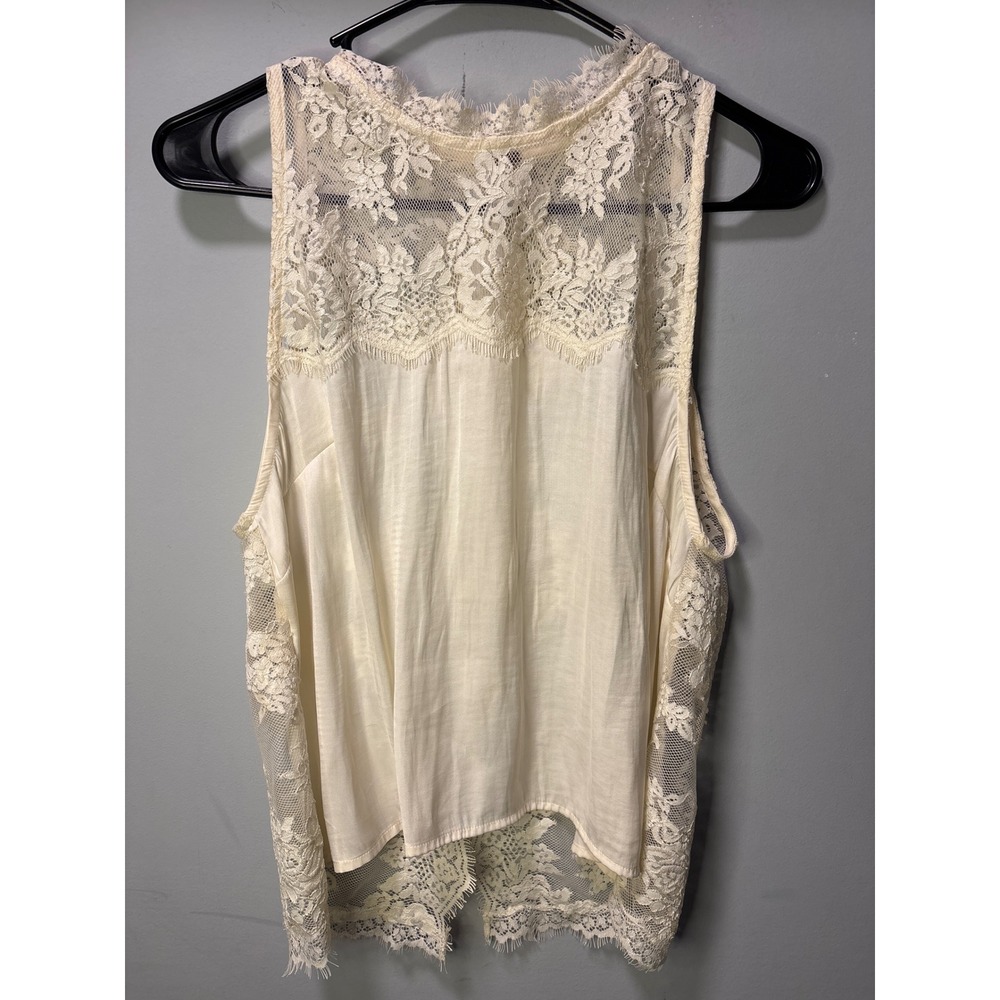 Free People Cream Floral Lace Split Back Sleeveless Top Eyelash Trim Ivory Large